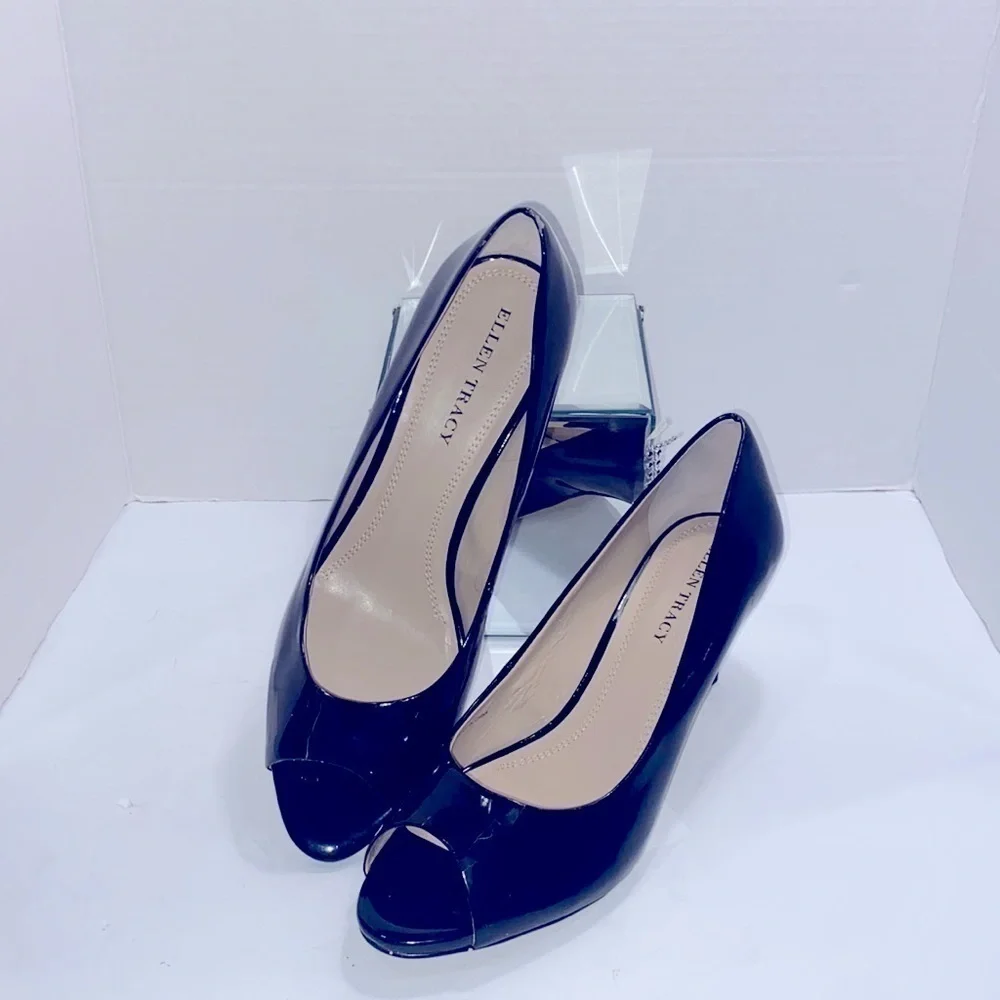 Ellen Tracy Vanna Black Patent Leather Peep-toe Women Shoes 2.5